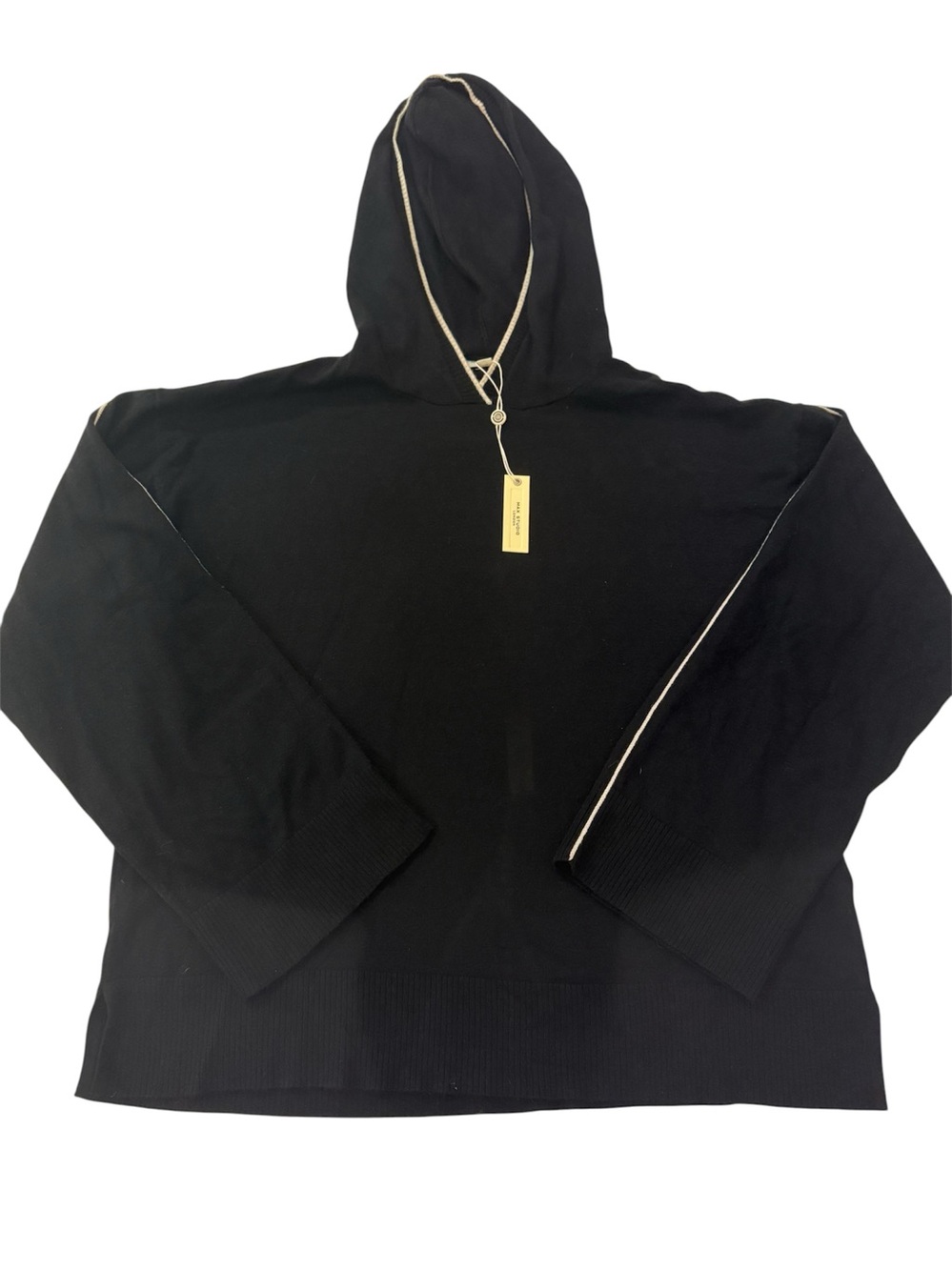 Max Studio London Hooded Sweater Women’s L Oversized Black Knit Stripe Detail